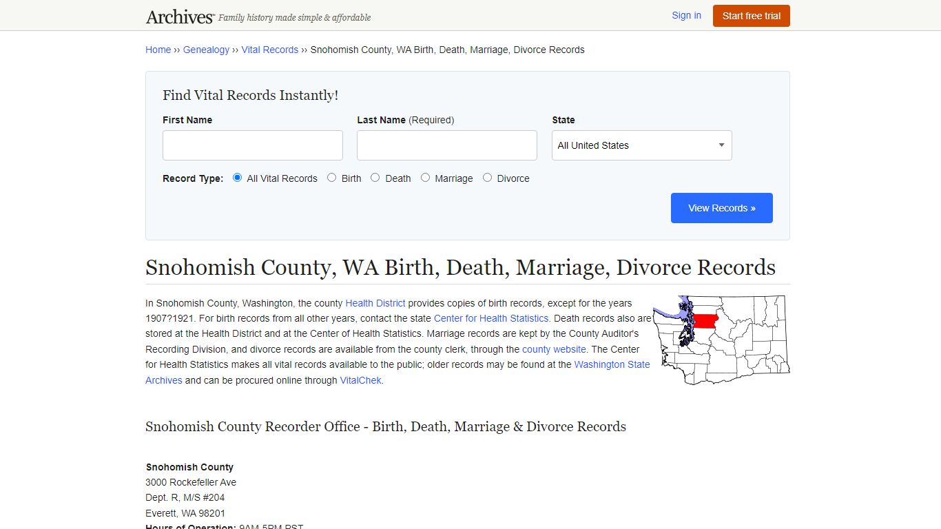 Snohomish County, WA Birth, Death, Marriage, Divorce Records